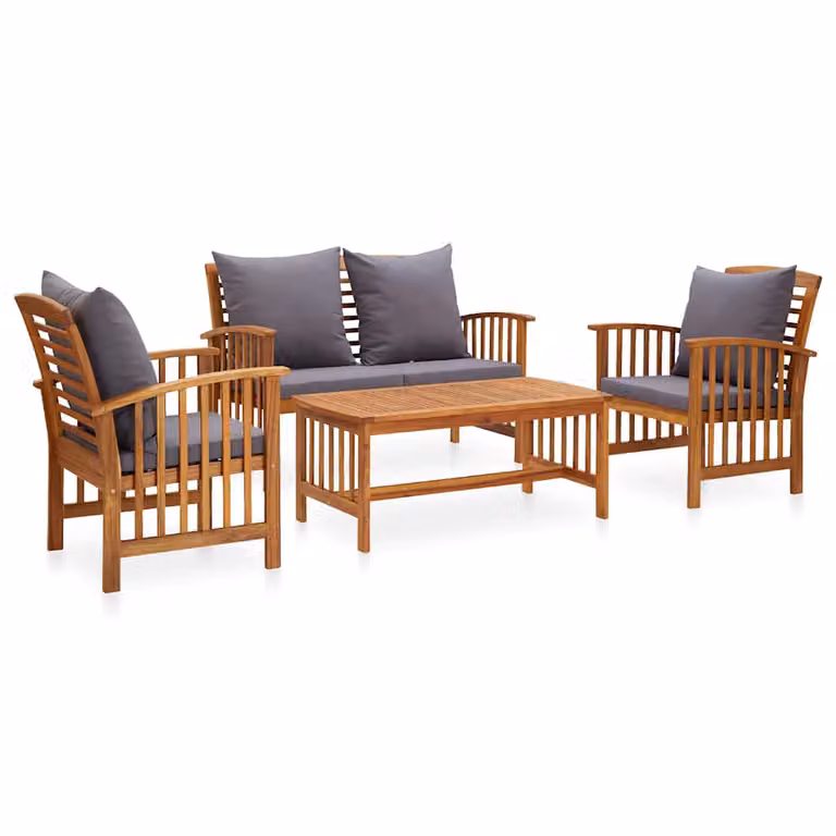 Set da giardino vidaXL 4 pezzi in legno di acacia oliato con cuscini grigi per esterno e tavolino da caffè