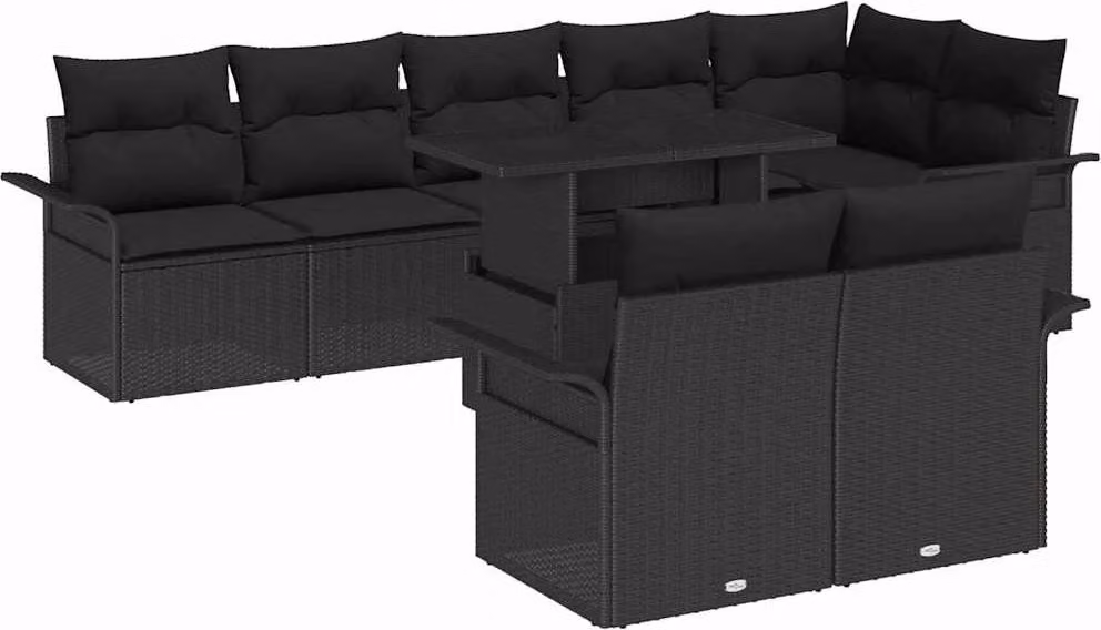 Set Divano da Giardino con cuscino 9 pcs Nero Poly Rattan