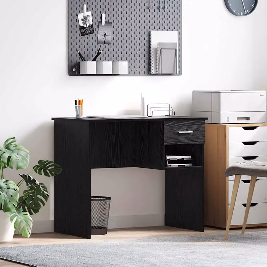 Scrivania moderna vidaXL in legno e metallo, colore nero e rovere, L 90 x P 49 x H 75 cm