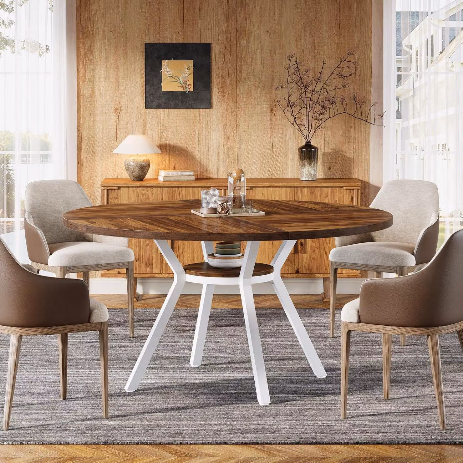 Tavolo rotondo da pranzo per 4 persone, diametro 120 cm, con gambe in metallo e ripiano portaoggetti, bianco/marrone