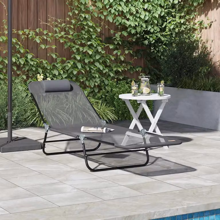 vidaXL Lettino prendisole pieghevole in textilene e acciaio con poggiatesta regolabile, Grigio, L: 182 cm, P: 55 cm, H: 85,5 cm