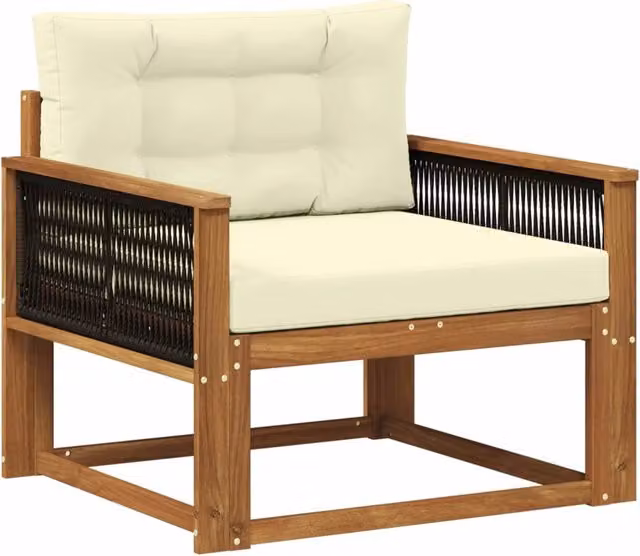 Divano centrale da esterno moderno in legno di acacia massello con tessuto beige e marrone – 1