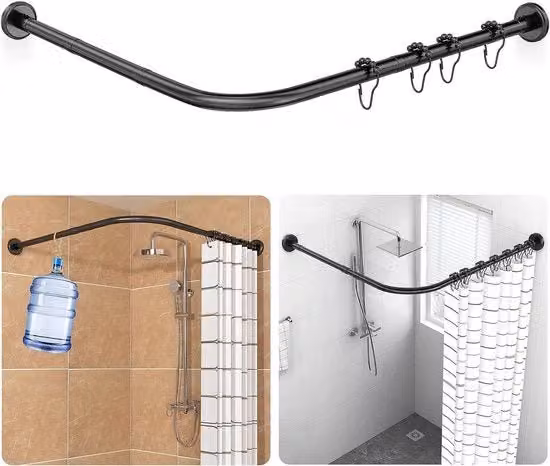 Douchegordijnstang L flessabile - 18 anelli - Inox - Nero - 70-100×70-100cm