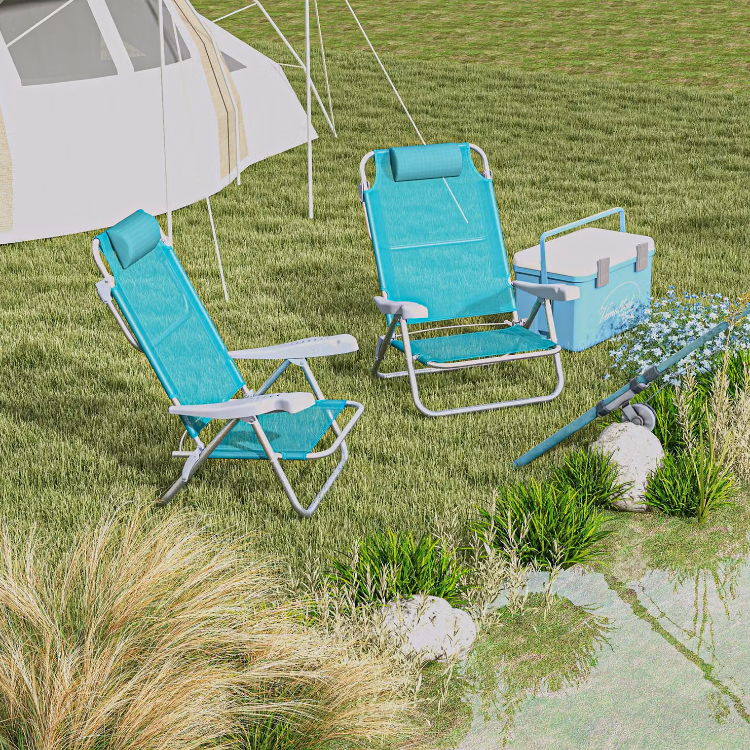 Set di 2 sedie da campeggio pieghevoli e reclinabili su 6 livelli Outsunny in alluminio e schiuma, Grigio e Azzurro, L/P/H: 62 x 65 x 80 cm – 2