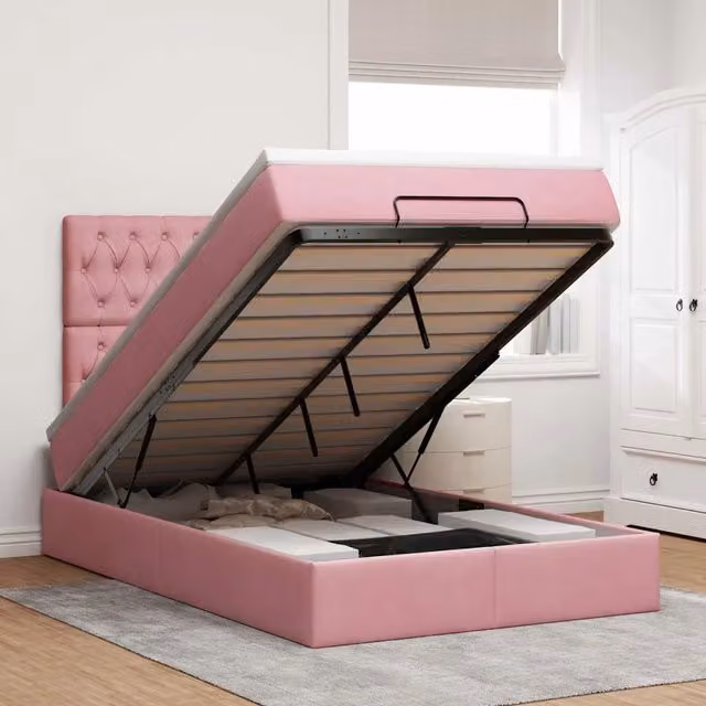 Letto con contenitore a sollevamento vidaXL in velluto rosa e bianco con materasso, L/P/H: 200 x 120 x 28 cm – 1