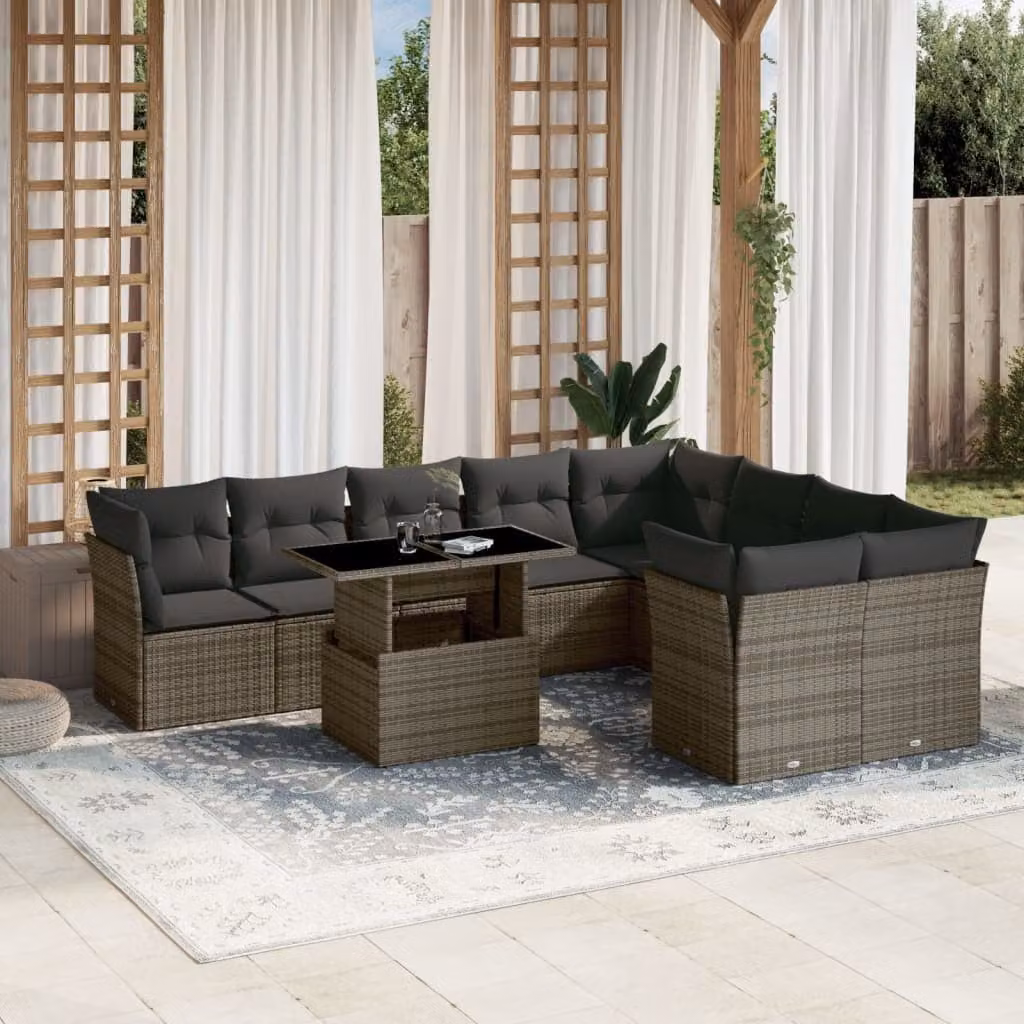 Set Divano da Giardino vidaXL 10 pz a Forma a L con Cuscini Grigio in Polyrattan e Tavolino da Esterno – 1