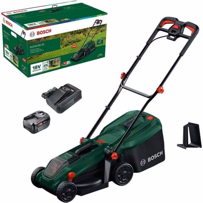 Tosaerba a batteria Bosch Rotak 18V-32, larghezza di taglio: 32 cm, cesto di raccolta da 35 L, funzione mulching, batteria e caricabatterie inclusi