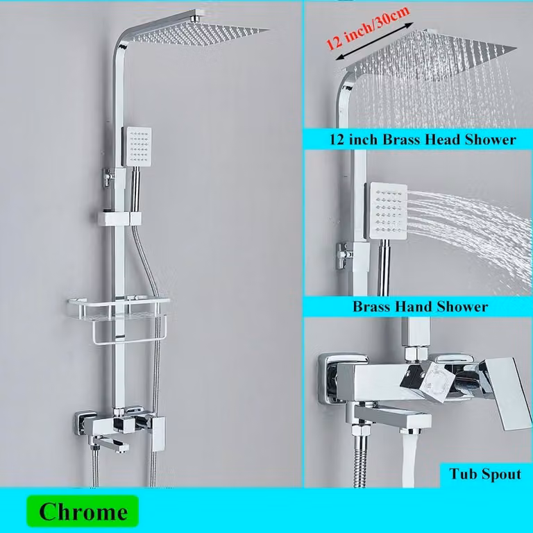 Doccia a pioggia - Sistema doccia - Soffione da 30 cm, con ripiano, binario regolabile in altezza, deviatore a 3 vie, miscelatore monocomando con rubinetto per vasca, montaggio a parete - Cromo