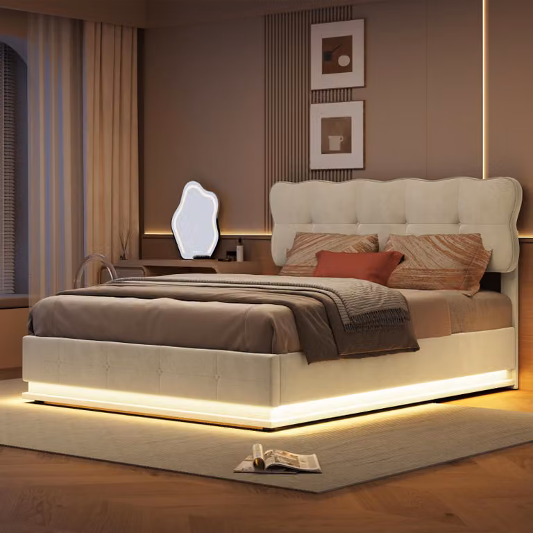 Letto imbottito ProximaX 140x190 cm con alzata a gas e illuminazione a LED sotto il letto, in velluto beige, letto matrimoniale con ampio spazio di archiviazione - design moderno ed elegante per camere da letto