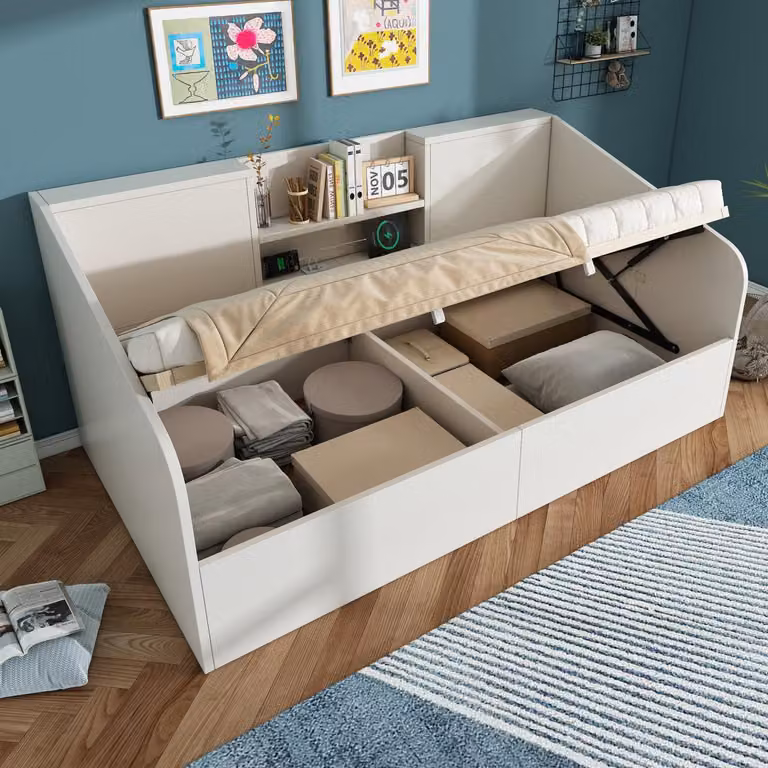 Divano letto idraulico 90x200 bianco senza materasso | Letto in legno con stazione di ricarica USB/tipo C e spazio di archiviazione | Rete a doghe inclusa | Letto singolo salvaspazio