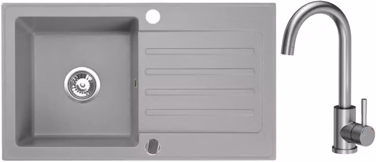VBChome Lavello in granito 76 x 44 cm Grigio con rubinetto Lavello da incasso a vasca singola Reversibile Speckled Lavello di facile manutenzione con sifone