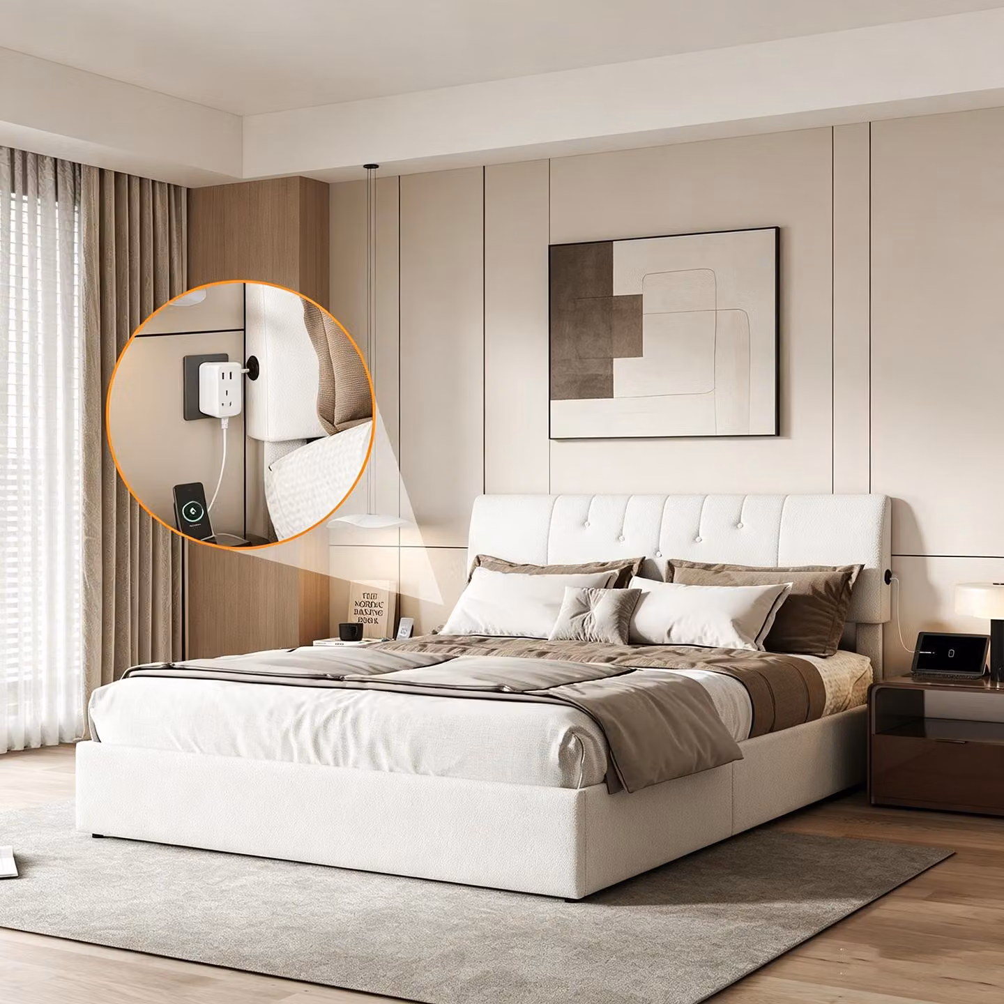 Letto imbottito INONEFT 140x200 con spazio contenitore, letto a molle con USB e poggiatesta regolabile, letto con sistema di sollevamento idraulico e spazio contenitore, rivestito in morbida microfibra tipo "teddy", colore bianco.