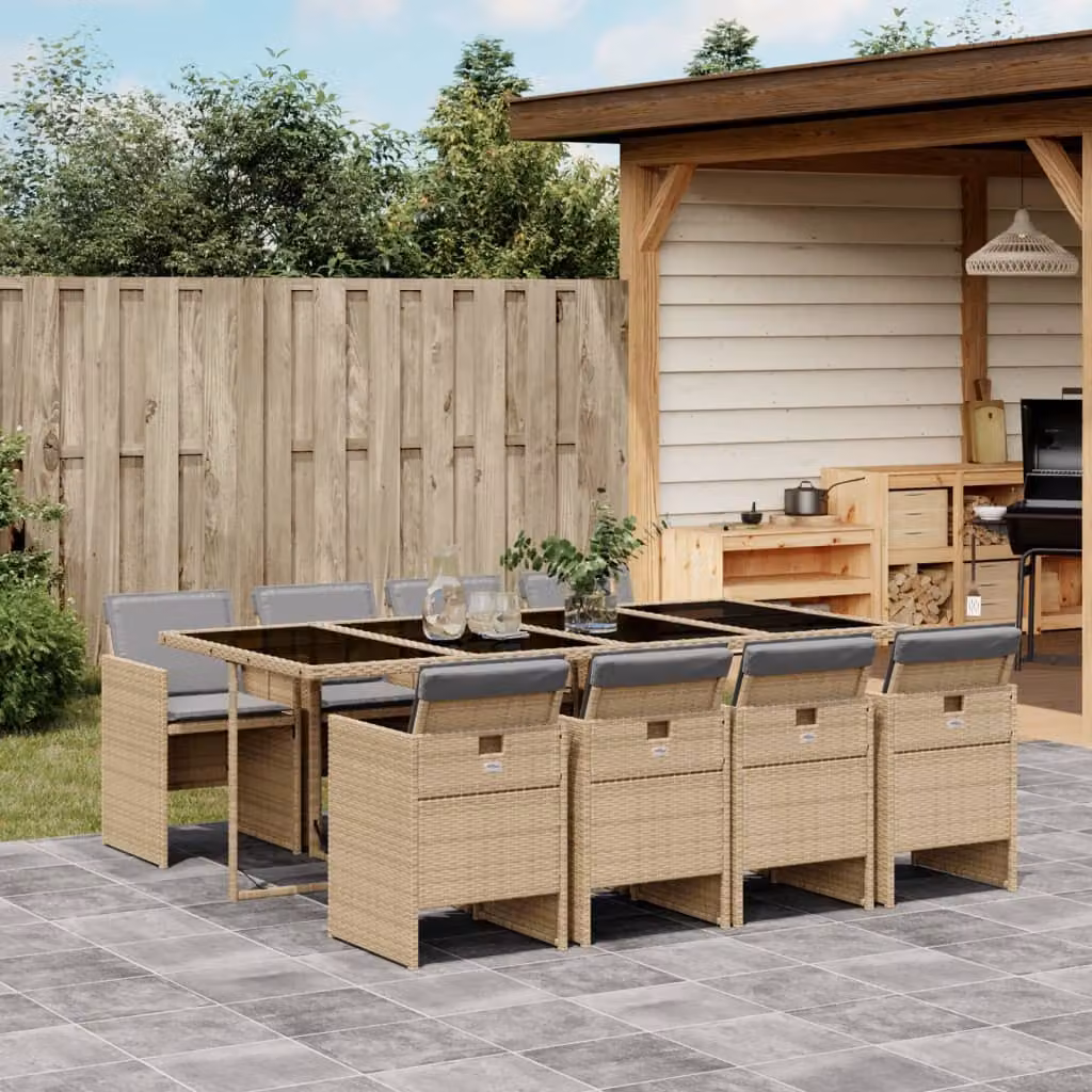 vidaXL Set Pranzo da Giardino 9 pz in Polyrattan con Cuscini Beige e Grigio e Tavolo in Vetro – 1