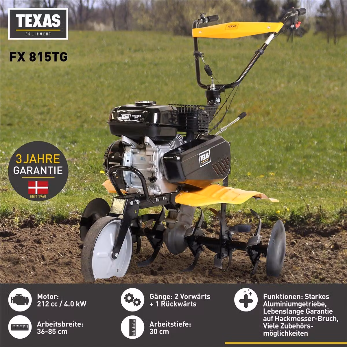 TEXAS: Motocoltivatore, motofresa, zappa motorizzata, fresa per terreno, aratro. Modello: FX815TG, alimentazione: benzina, professionale