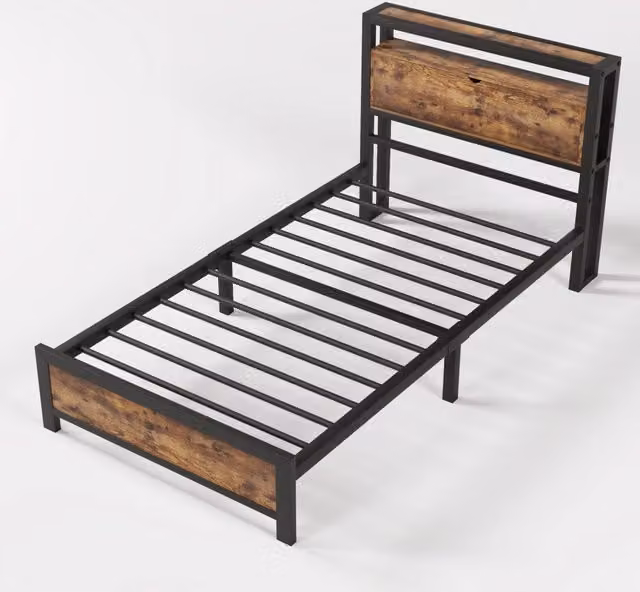 Letto singolo in metallo 90x200 cm con testiera contenitore e rete a doghe, struttura nera stile industriale