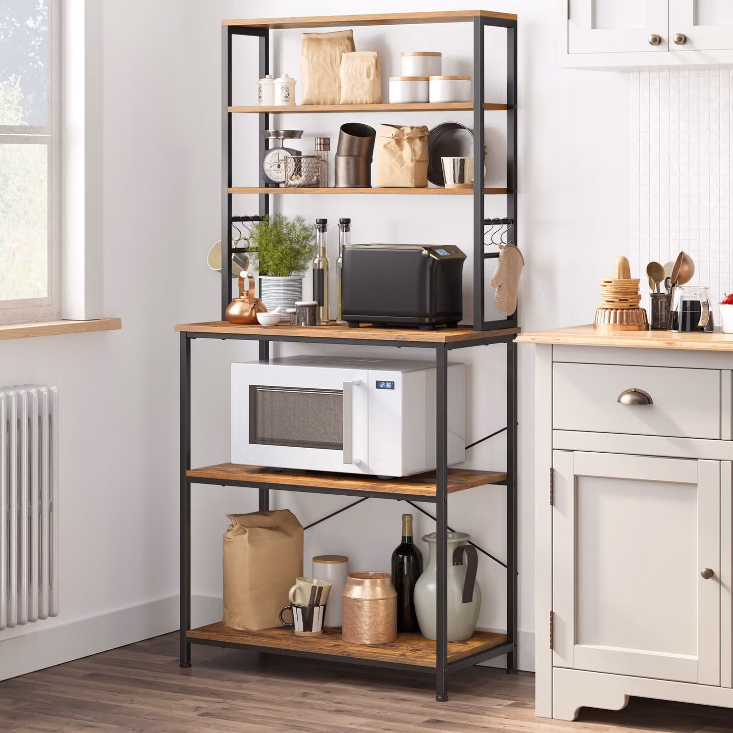 VASAGLE Scaffale da cucina con 6 ganci, 80 x 40 x 167 cm, marrone vintage-nero