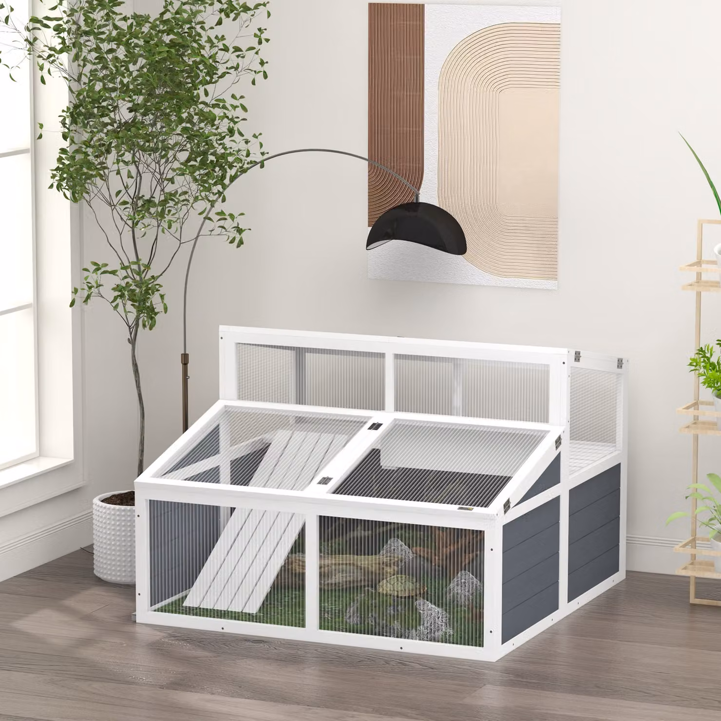 PawHut Recinto per tartarughe con 2 spazi, 3 porte, rampa e tetto in policarbonato, grigio L: 115 cm, P: 115 cm, H: 82 cm – 2