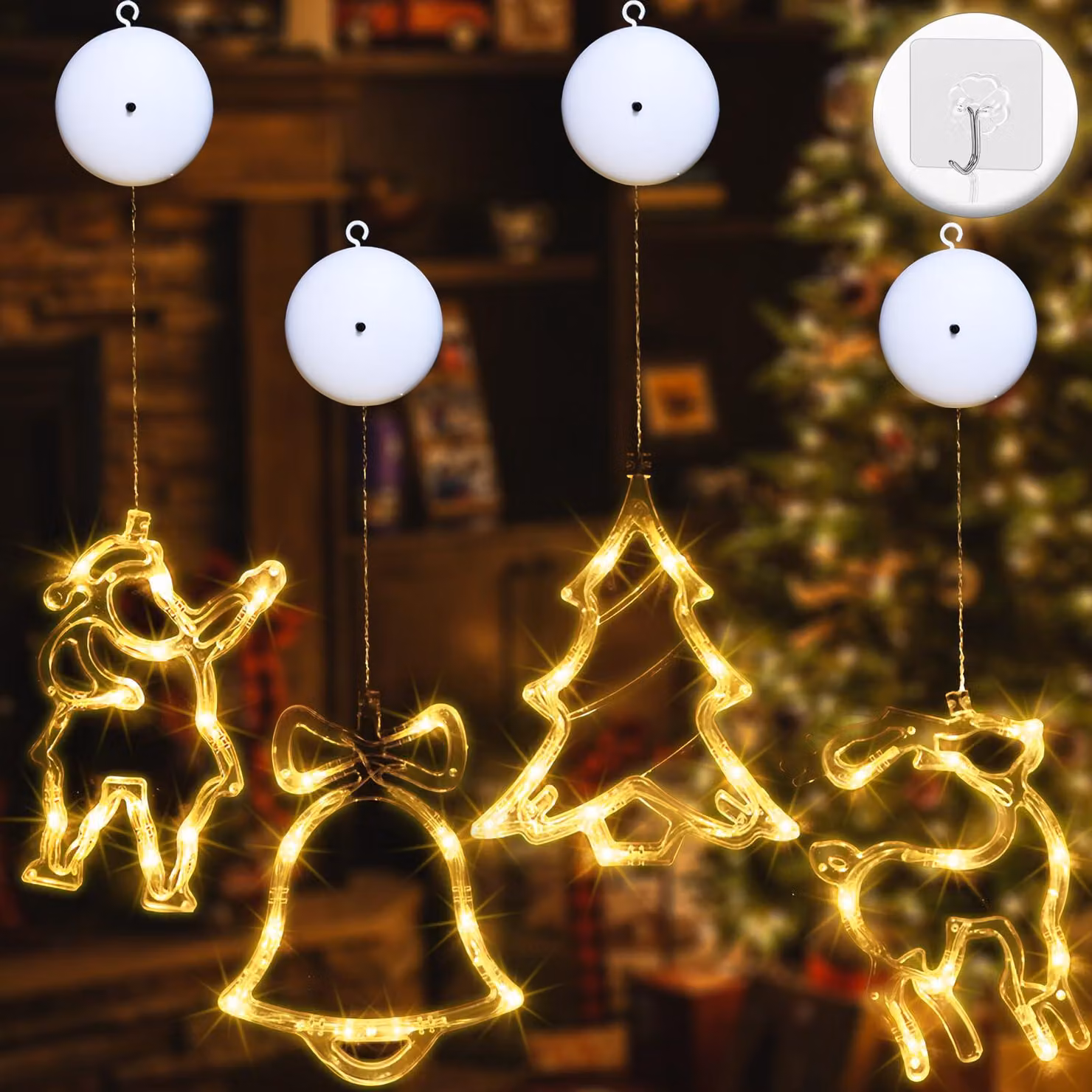 Set di 4 luci a LED per finestre, ideali per Natale, luce bianco caldo, alimentate a batteria