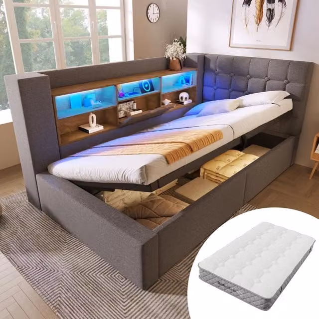 Letto singolo – 90x200 cm – LED contenitore idraulico testiera L con materasso – lino grigio
