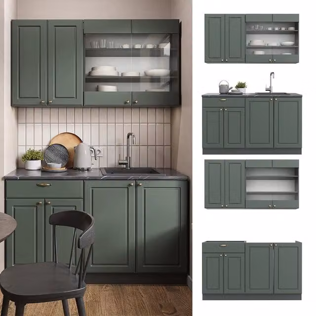 Cucina completa Fame-Line Verde-oro rustico/Antracite 140 cm senza piano di lavoro Vicco