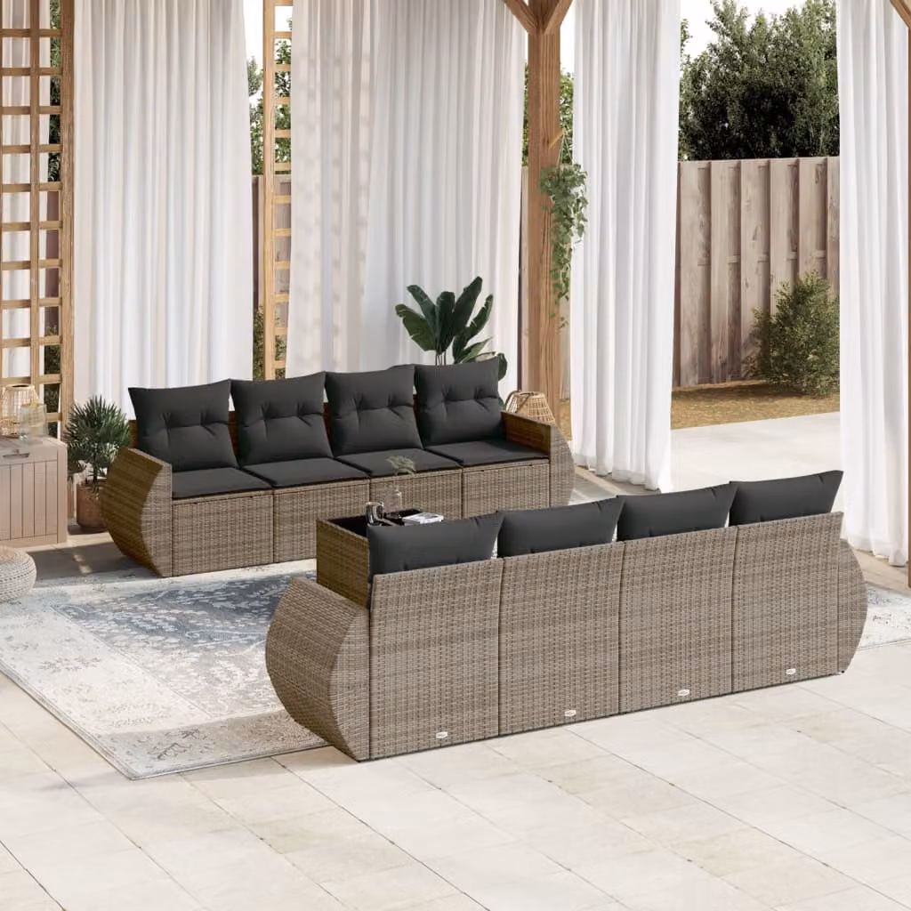 vidaXL Set Divano da Giardino 9 pz in Polyrattan Grigio con Cuscini e Tavolino da Caffè – 1