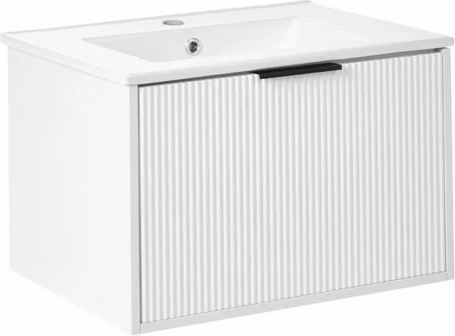 Mobiletto a muro con lavabo in legno massiccio Bianco con maniglia nera per il bagno 60 cm stile moderno