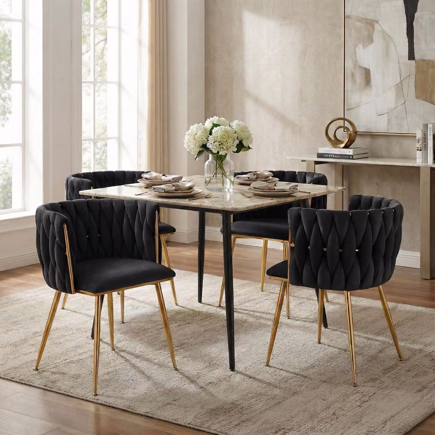 LVHOM Sedie da pranzo Sedia da salotto rivestita in velluto Set di 4 sedie imbottite Stile intrecciato, sedia da sala da pranzo, struttura in metallo dorato, nero
