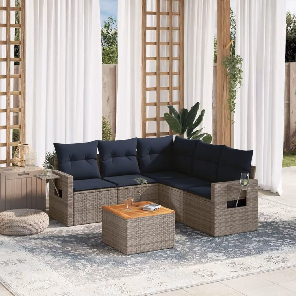Set da giardino vidaXL in polyrattan grigio con cuscini e tavolino da esterno a forma di L per 6 persone