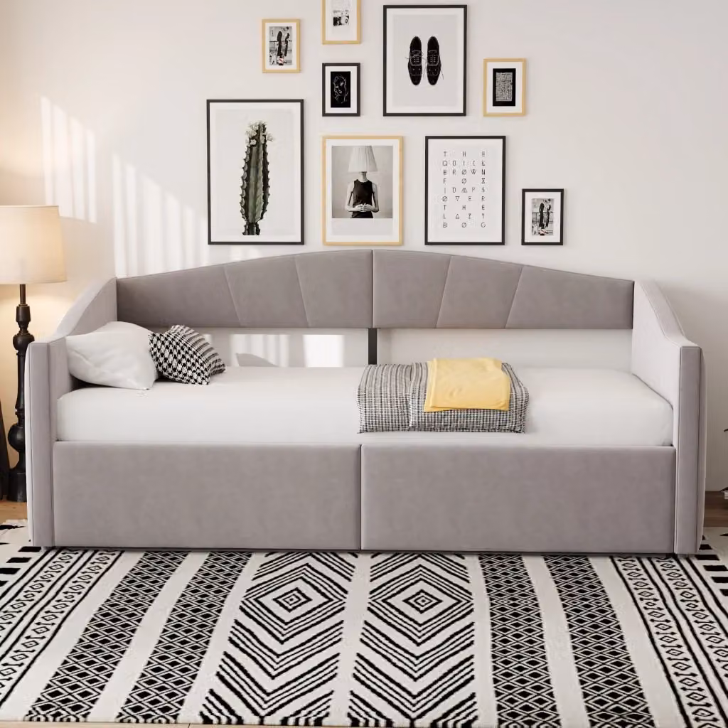Letto singolo imbottito in velluto grigio con contenitore idraulico L/P/H: 90 x 200 cm – 2