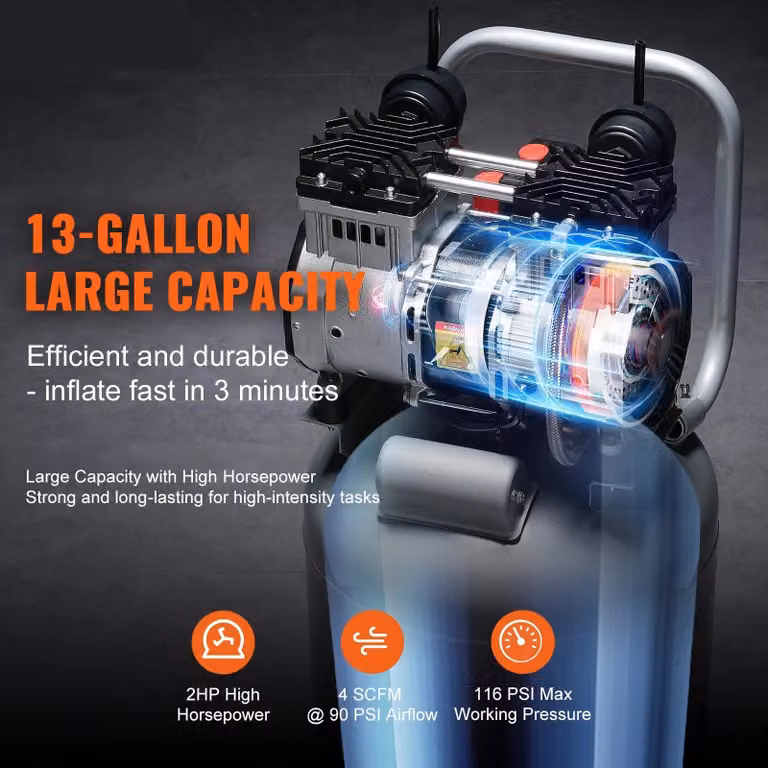 Compressore d'aria – Compressore d'aria senza olio – Pompa per pneumatici – Motore da 2 HP – Pressione massima: 116 PSI