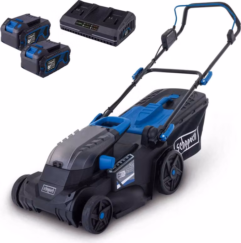Set di tosaerba a batteria Scheppach BC-MP380-X incl. batteria 2x 4Ah + caricabatterie doppio 4,5A | larghezza di taglio 38 cm | cassetta di raccolta 45 L | 6 impostazioni di altezza di taglio