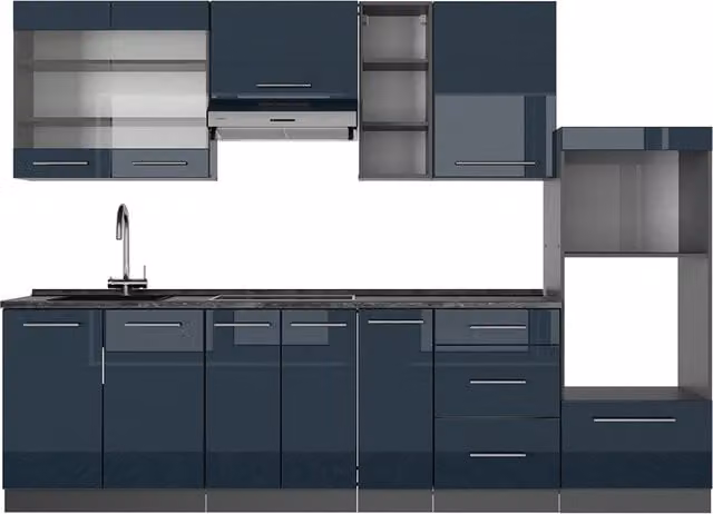 Cucina componibile moderna Vicco Fame-Line Blu scuro lucido e Antracite L: 280 cm