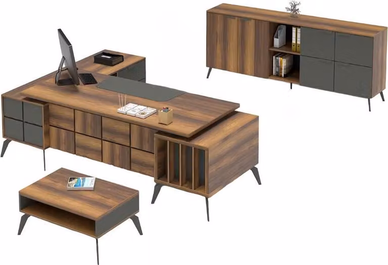 Arbeitszimmer Set Arbeitstisch L-Form Couchtisch Sideboard Braun Grau