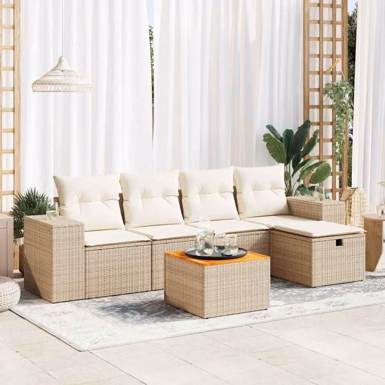Set Divano da Giardino vidaXL 6 pz in Polyrattan con Cuscini Beige e Tavolino Moderno a Forma di L