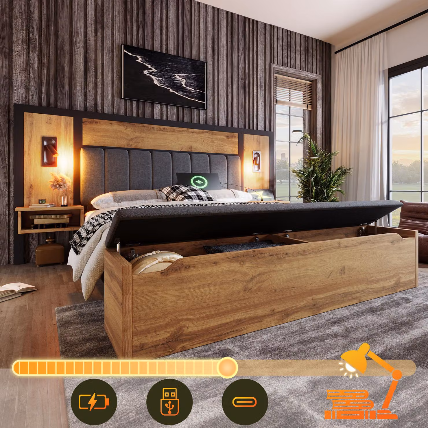 Letto imbottito 180x200 cm con lampade da lettura, comodini con porte USB e Type-C, panca contenitore, rete a doghe in metallo, rivestimento effetto lino, finitura noce