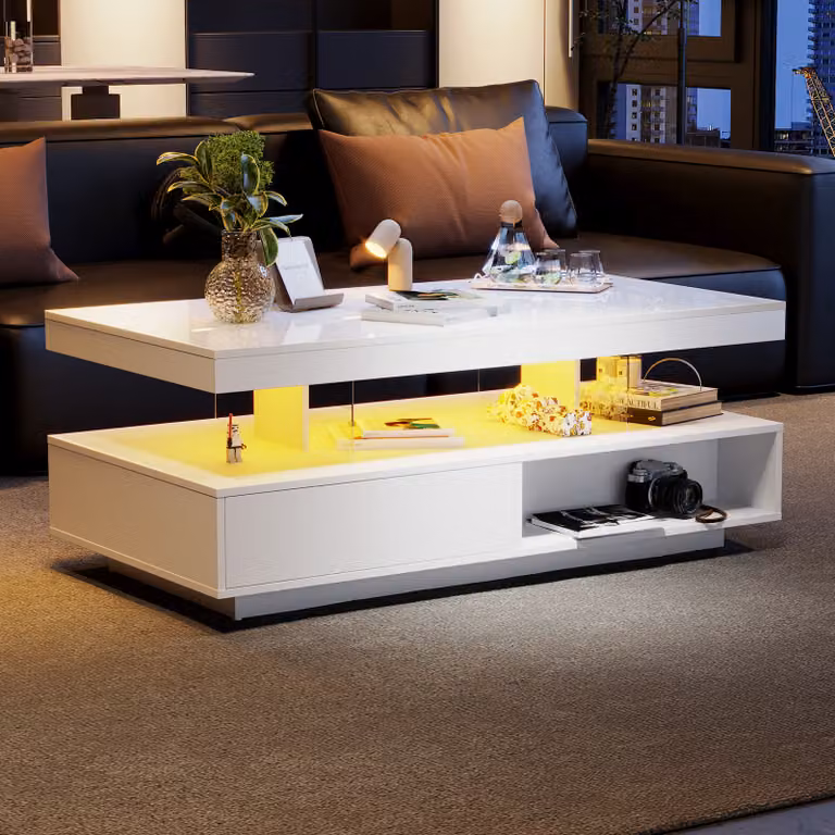 Tavolino Merax con 2 cassetti e vano portaoggetti, tavolino da divano lucido con LED incl. APP, tavolino da salotto 95x42,5x50cm, bianco