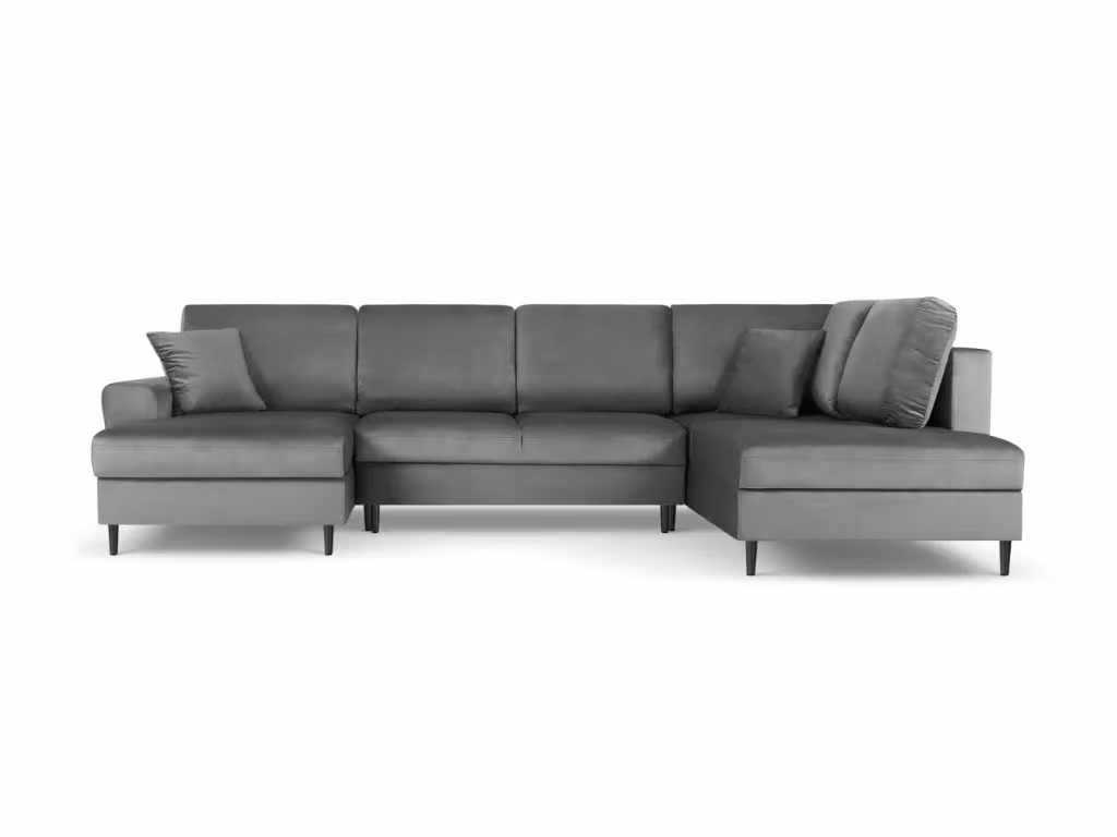 Divano panoramico convertibile Kyoto Cosmopolitan Design con contenitore, 7 posti, modello a L con lato destro, rivestimento in velluto grigio chiaro, L/P/H: 313 x 194 x 88 cm – 2