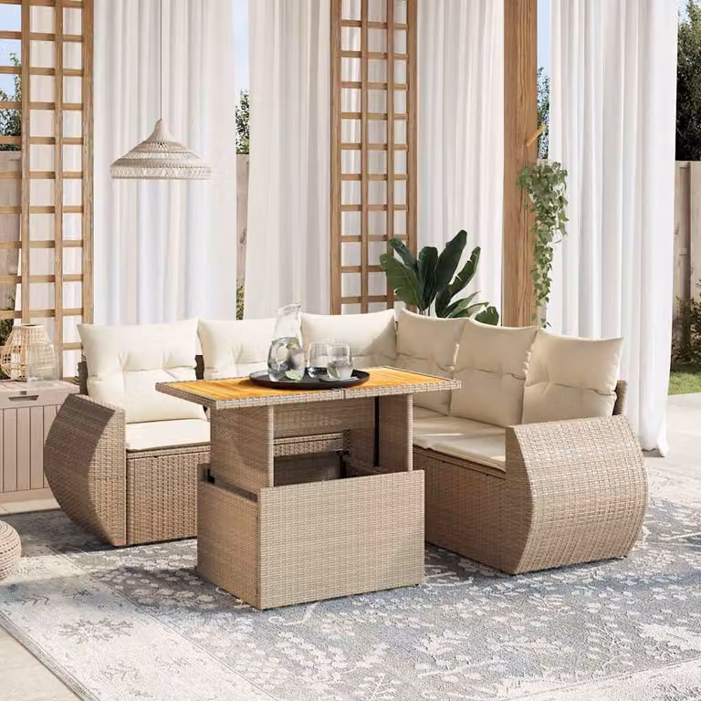 vidaXL Set Divano da Giardino a L 6 pz con Cuscini Beige e Tavolino in Polyrattan e Acciaio