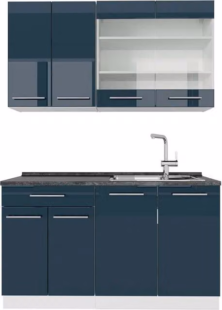 Mobili da cucina Fame-Line Blu scuro lucido/Bianco 140 cm, PL Antracite Vicco