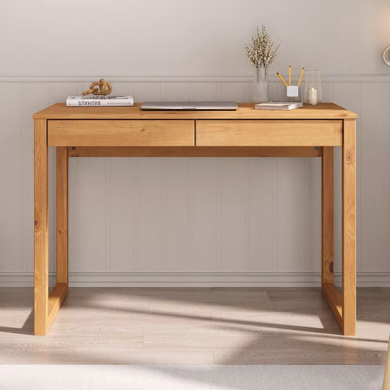Scrivania NOAH con 2 cassetti in legno massello color rovere. Robuste scrivanie per computer, mobili per studio, scrivania con spazio contenitivo, mobili per ufficio