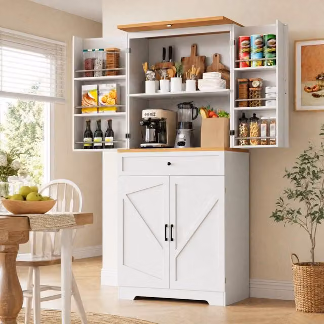 Armadio dispensa alto 80x40x180 cm in MDF bianco con ripiani, cassetti e sistema antiribaltamento