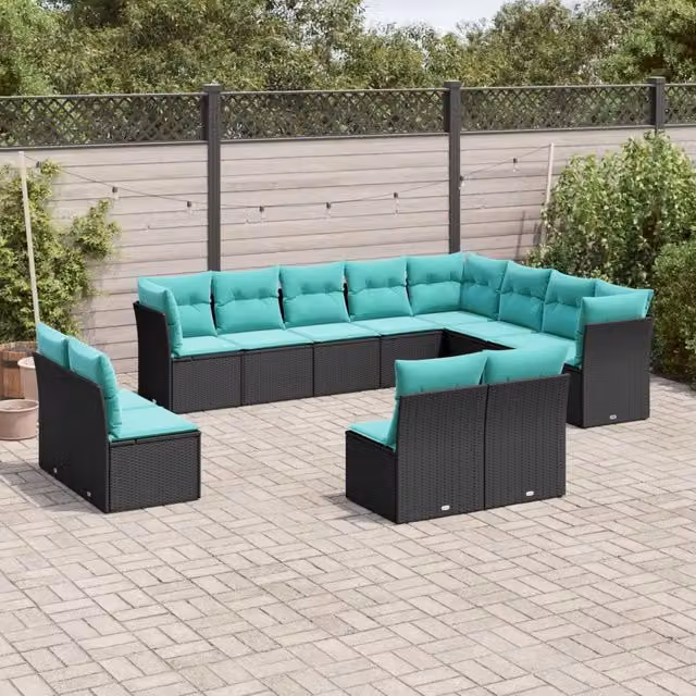 Set di Divani da Giardino a Forma di U vidaXL con Cuscini in Polyrattan e Struttura in Acciaio Nero e Blu Turchese