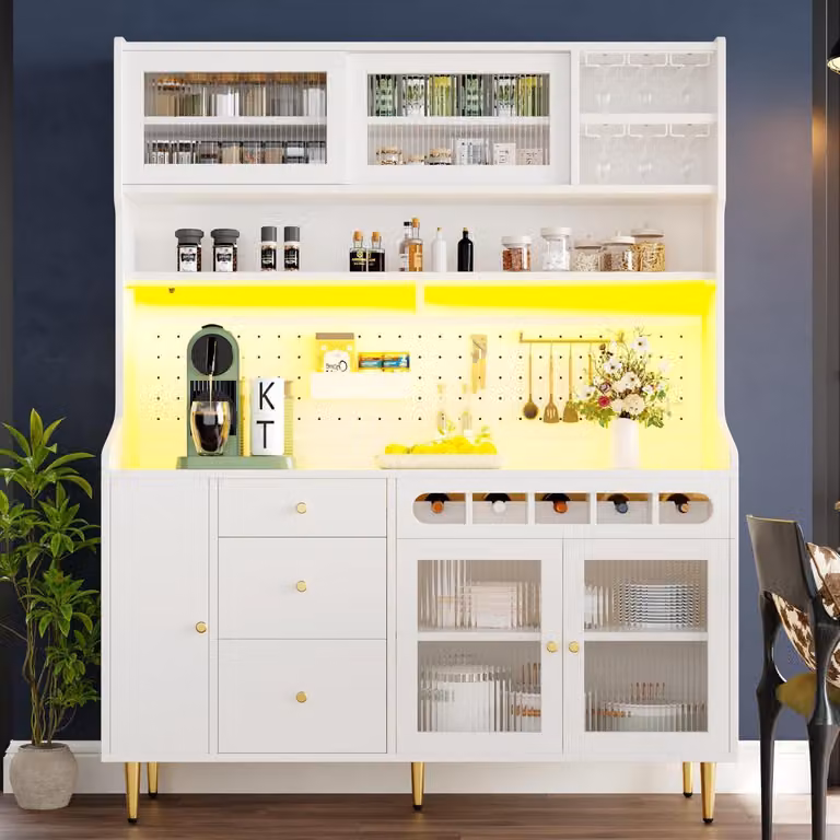 Mobile da cucina con illuminazione a LED, scaffale per vino, ripiani interni regolabili, colore bianco, dimensioni 145x39x171 cm