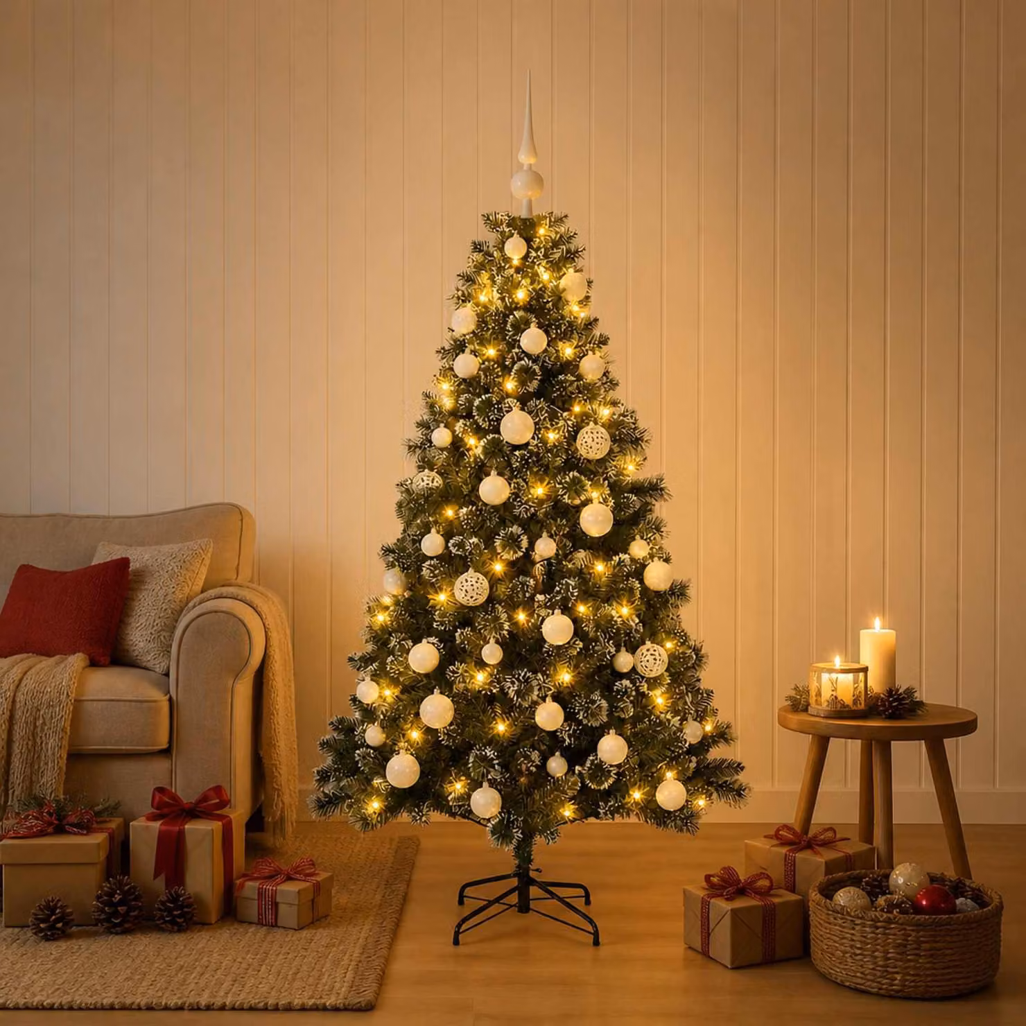 Albero di Natale artificiale con decorazioni a sfera, altezza 150 cm, 150 luci LED