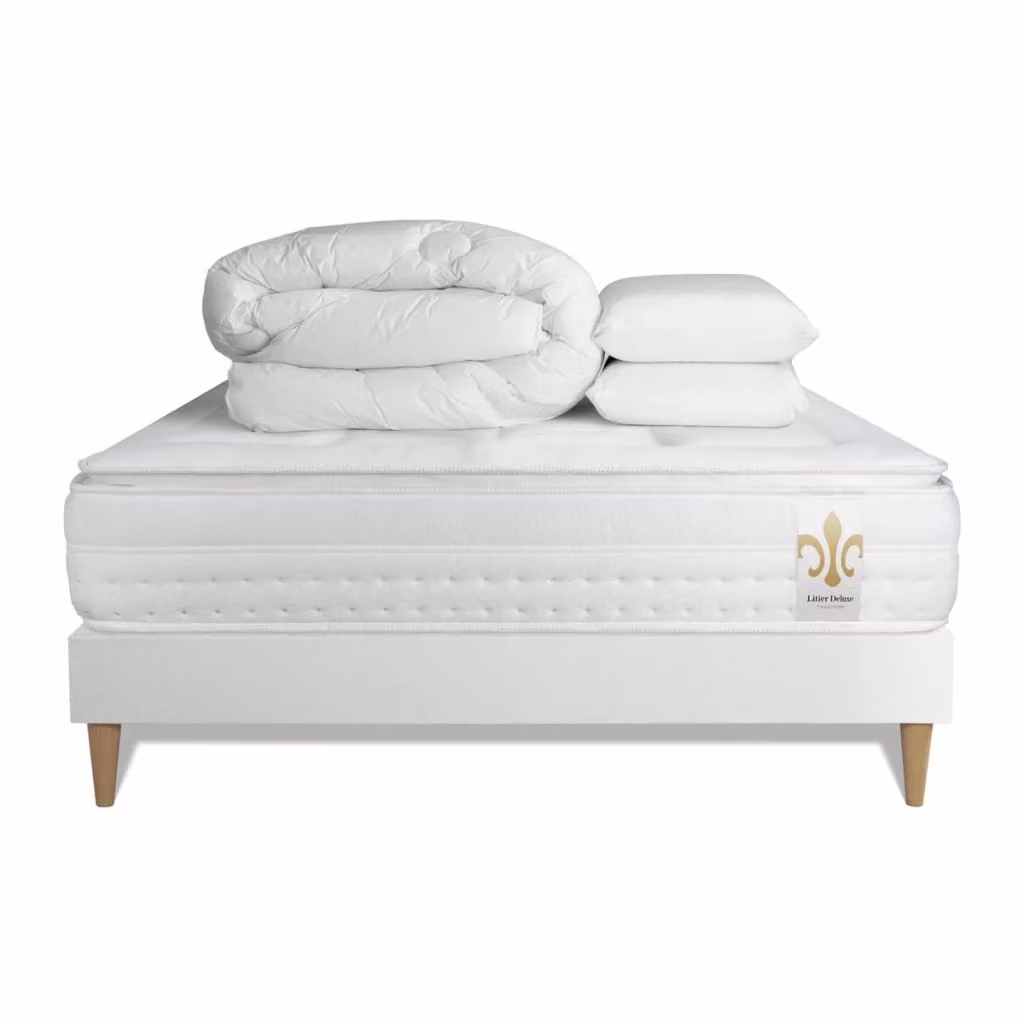 Kit letto completo Vingt-Huit PLUS con materasso ibrido a molle pocket, box spring imbottito, 2 cuscini e piumino, colore bianco, L/P: 160 x 200 cm – 2