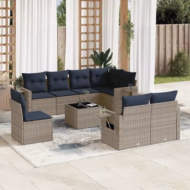 Set Divani da Giardino 9 pz con Cuscini Grigio in Polyrattan 3220450