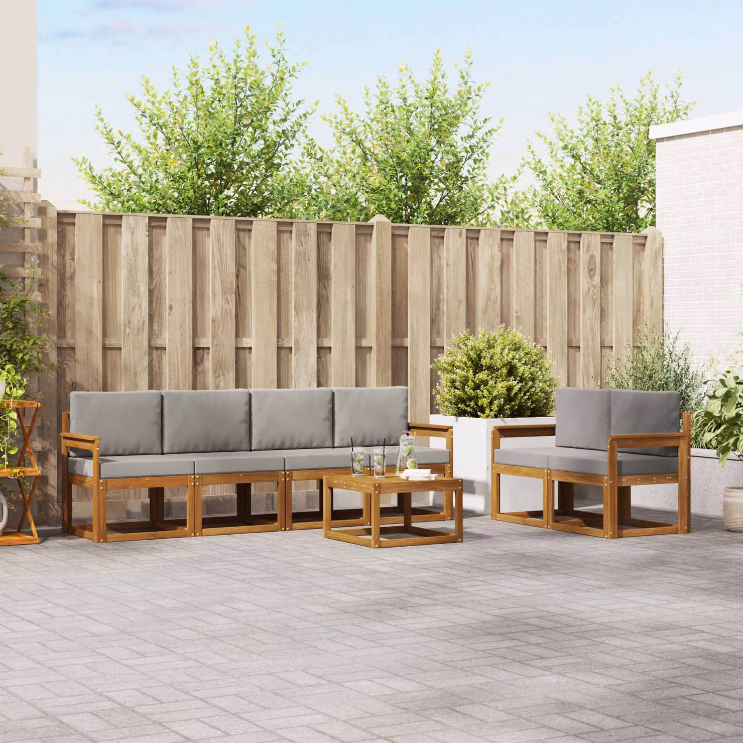 Set di divani da esterno vidaXL 7 pezzi in legno di acacia con cuscini, colore grigio e marrone