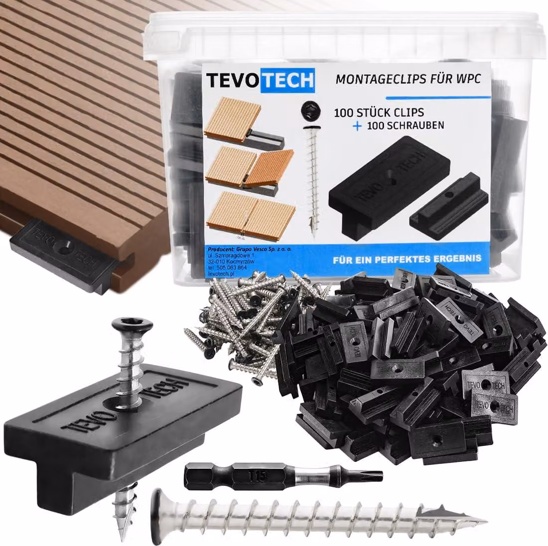 Set di montaggio Tevotech per pannelli da decking 6 mm WPC 100 clip + viti