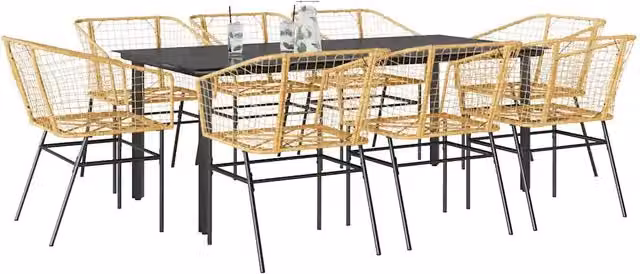 Set da pranzo da giardino vidaXL in polyrattan e vetro da 9 pezzi, moderno, marrone e nero