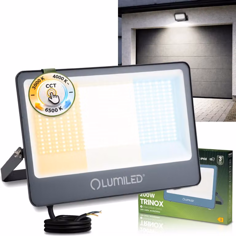 LUMILED Faretto LED da esterno 200W 22000lm CCT 3000K 4000K 6500K IP66 Impermeabile Proiettore da esterno Faretto da giardino Garage Cortile Faretto da parete Alluminio Grigio Faretti Proiettori neri Proiettori da esterno